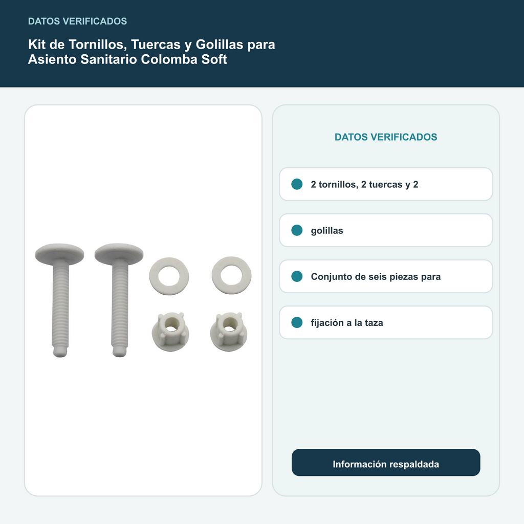 Kit de Tornillos, Tuercas y Golillas para Asiento Sanitario Colomba Soft - 2 tornillos, 2 tuercas y 2 golillas. Conjunto de seis piezas para fijación a la taza