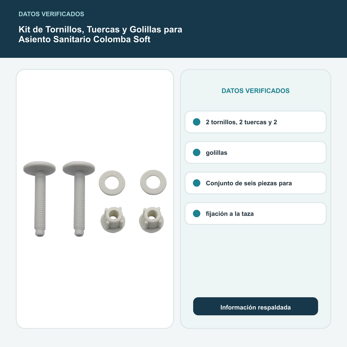 Kit de Tornillos, Tuercas y Golillas para Asiento Sanitario Colomba Soft - 2 tornillos, 2 tuercas y 2 golillas. Conjunto de seis piezas para fijación a la taza