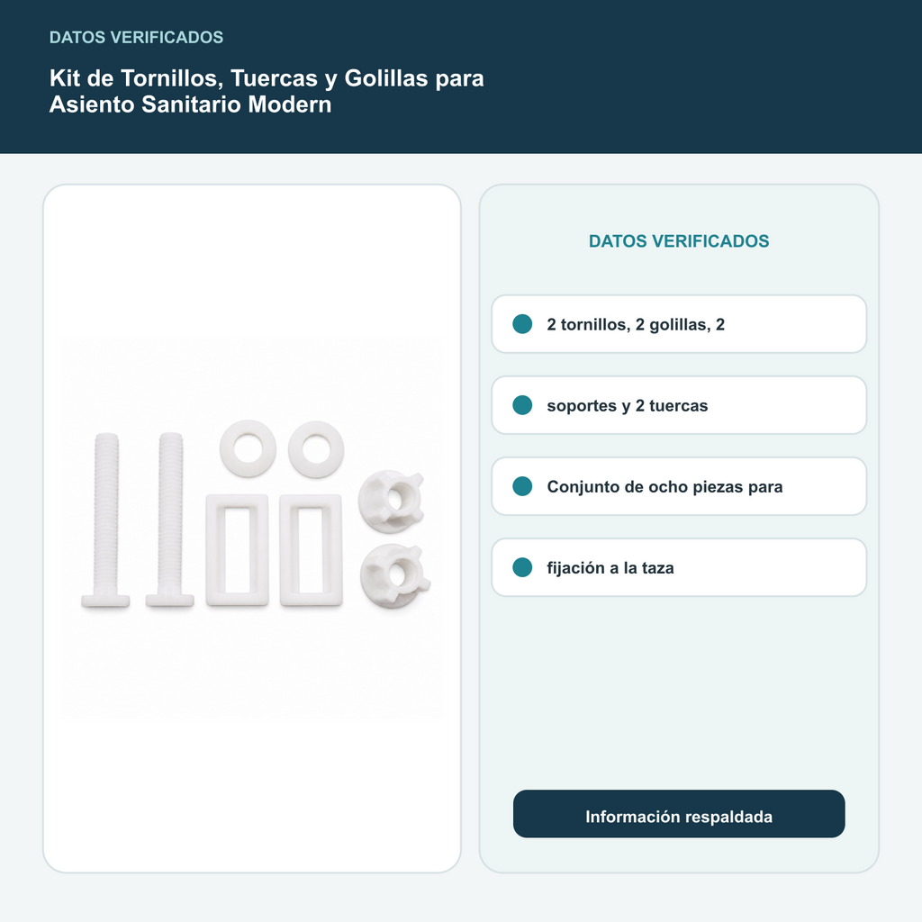 Kit de Tornillos, Tuercas y Golillas para Asiento Sanitario Modern - 2 tornillos, 2 golillas, 2 soportes y 2 tuercas. Conjunto de ocho piezas para fijación a la taza