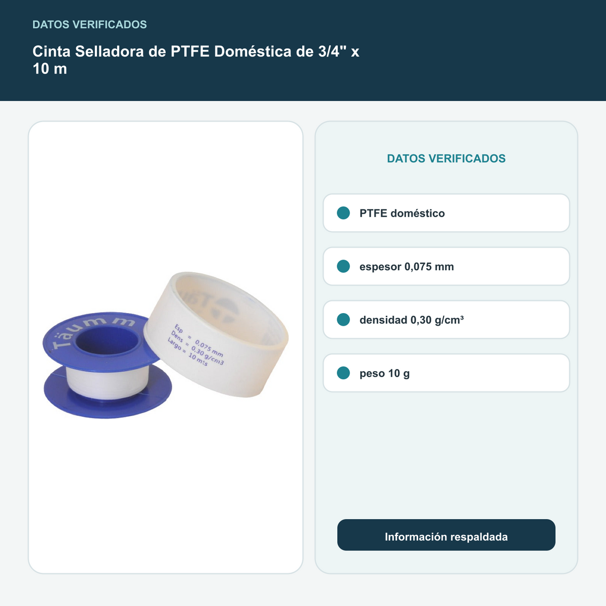 Cinta Selladora de PTFE Doméstica de 3/4" x 10 m - PTFE doméstico; espesor 0,075 mm; densidad 0,30 g/cm³; peso 10 g