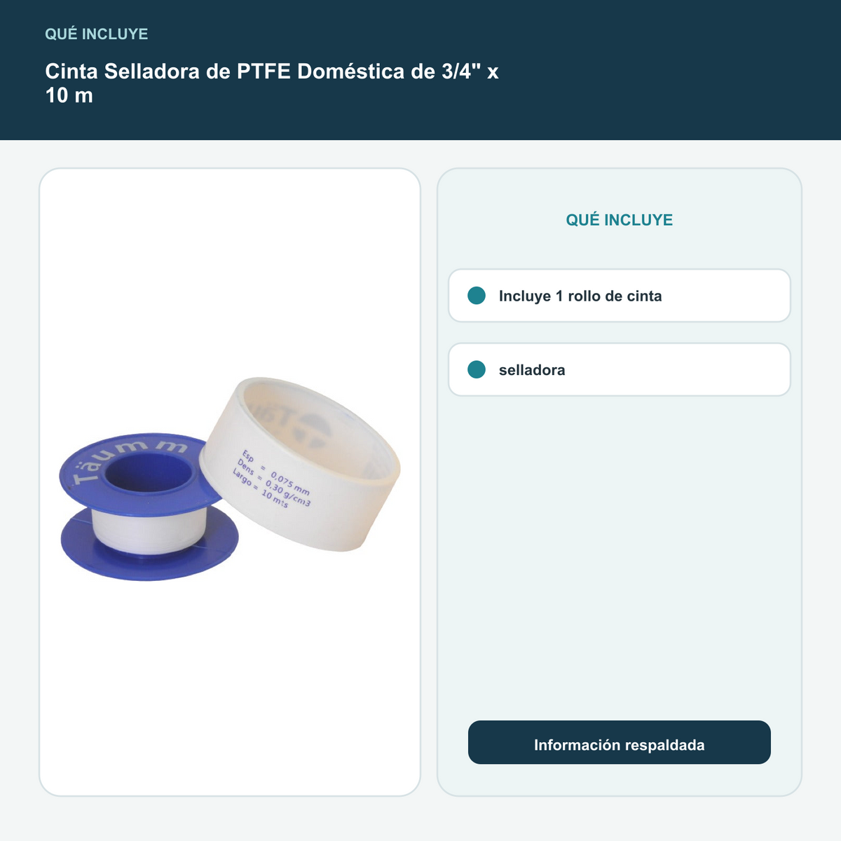 Cinta Selladora de PTFE Doméstica de 3/4" x 10 m - Incluye 1 rollo de cinta selladora