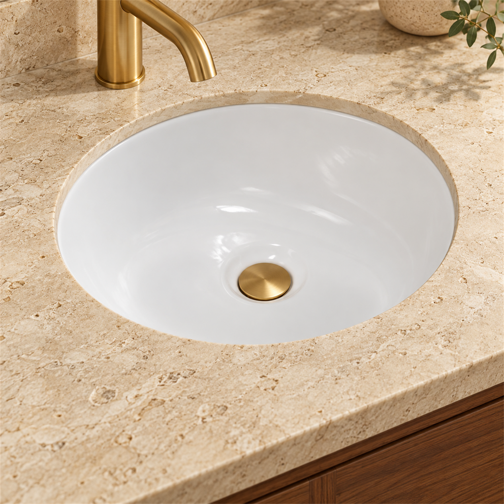 Lavamanos Oval Blanco De Bajo Poner 46 × 38 cm — vista cercana instalada