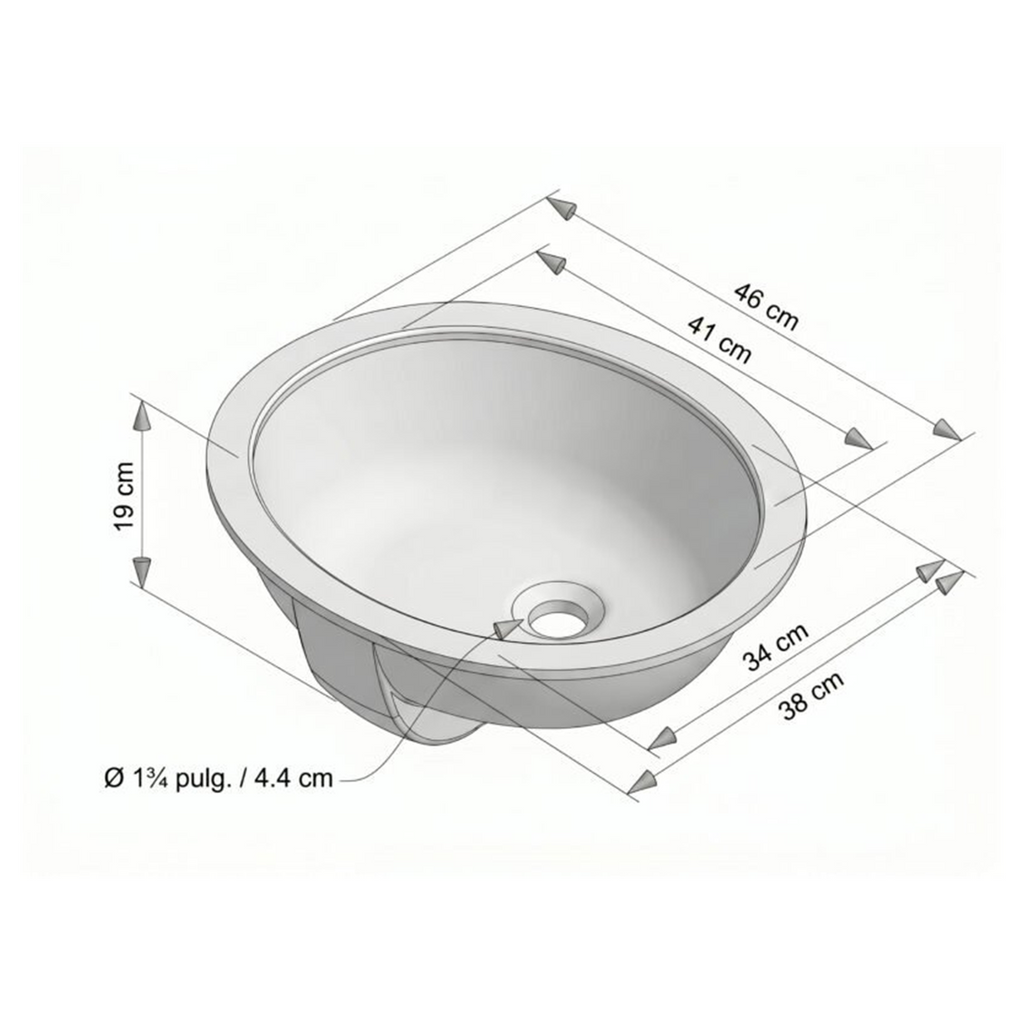 Lavamanos Oval Blanco De Bajo Poner 46 × 38 cm — croquis de medidas