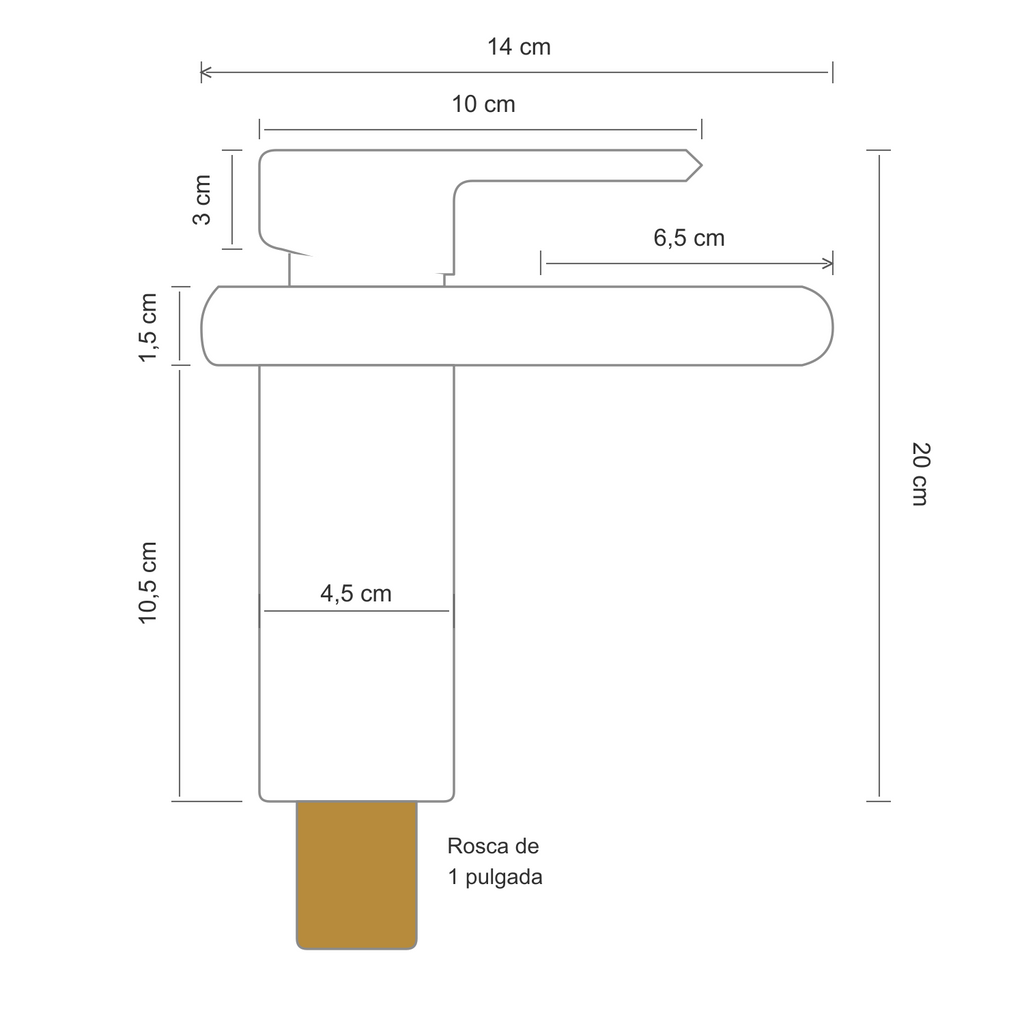 Croquis de medidas de grifería monocontrol baja en cascada, acabado oro cepillado: altura 20 cm y longitud horizontal 14 cm.
