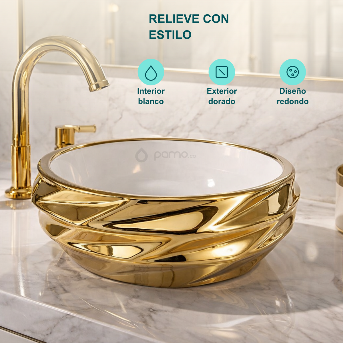 Lavamanos Cosmos Blanco y Dorado de 40 cm: Interior blanco, Exterior dorado, Diseño redondo