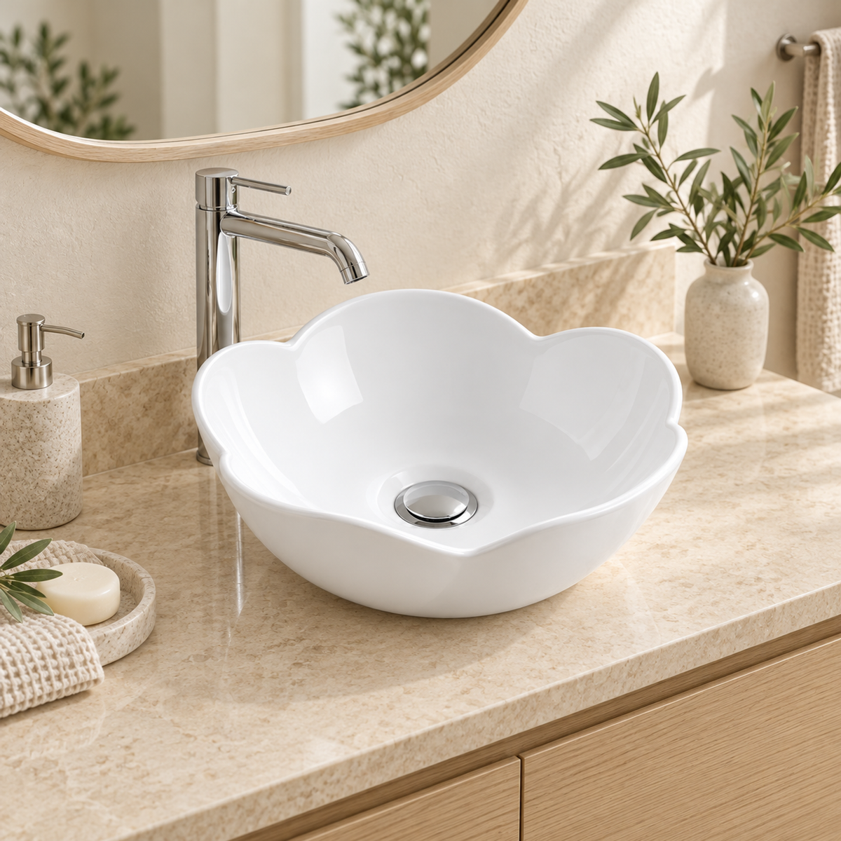 Lavamanos blanco con borde en forma de flor instalado sobre mesón de baño; grifería cromada de ambientación.