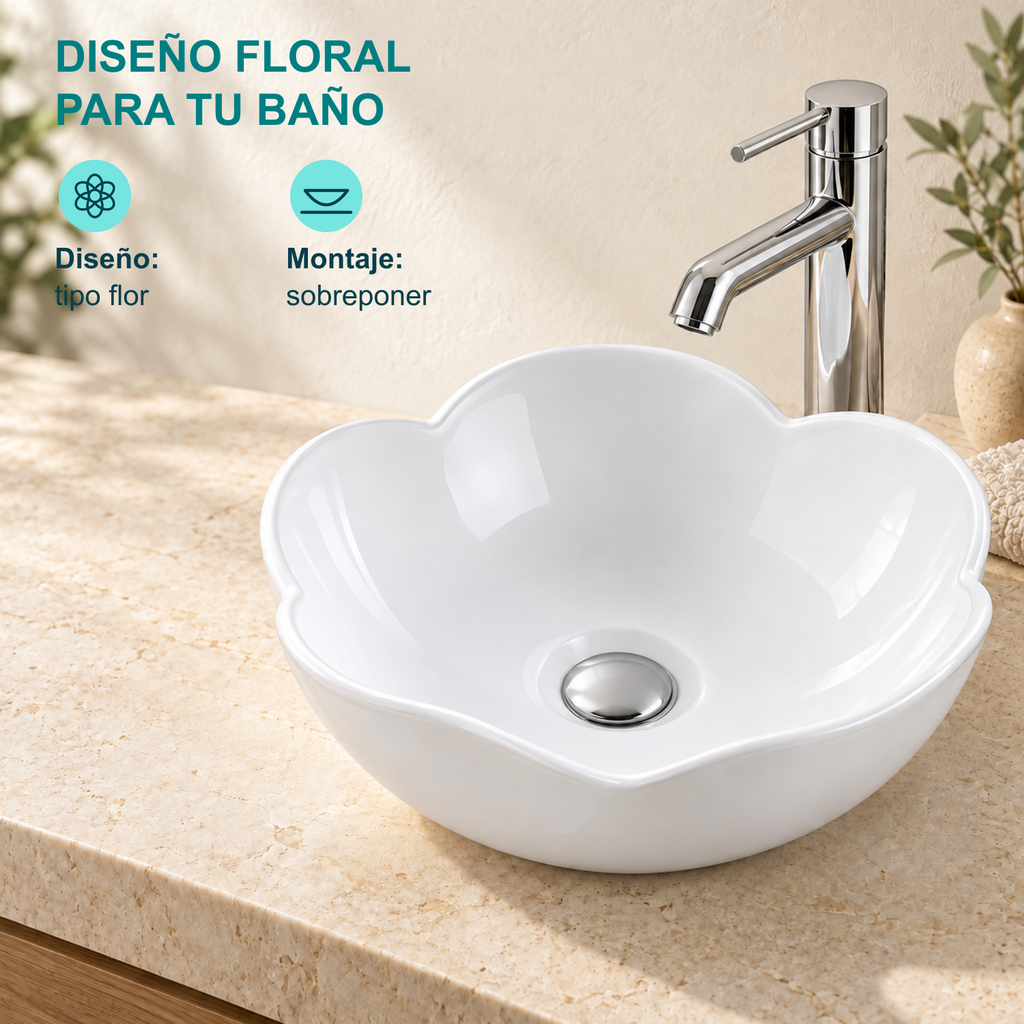Lavamanos blanco de diseño tipo flor y montaje de sobreponer, ambientado sobre mesón.