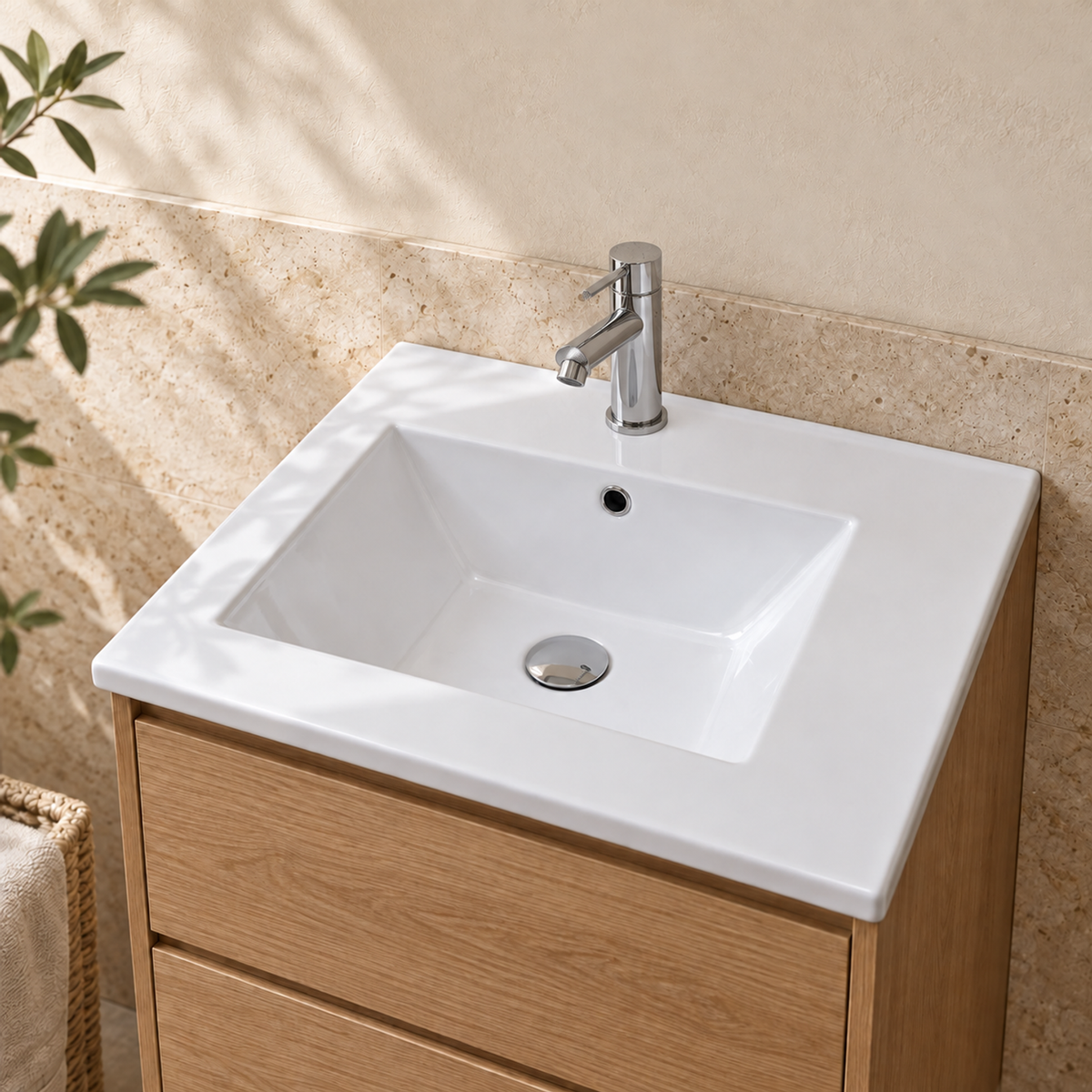 Vista cercana del lavamanos blanco con grifería y desagüe cromados de ambientación no incluidos