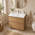 Lavamanos Integrado Blanco en Porcelana 60 × 47 cm en una instalación de baño a escala real