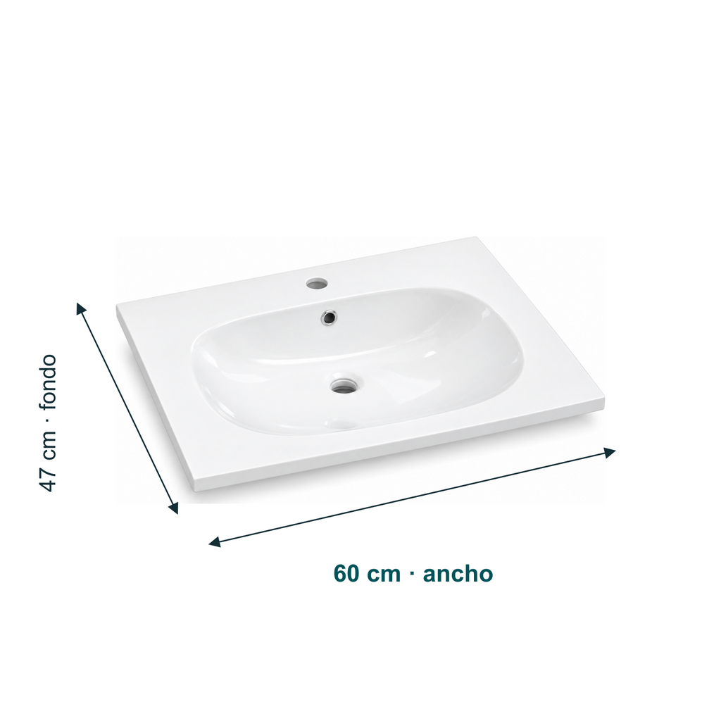 Dimensiones de Lavamanos Integrado Blanco en Porcelana 60 × 47 cm: Ancho: 60 cm. Fondo: 47 cm.