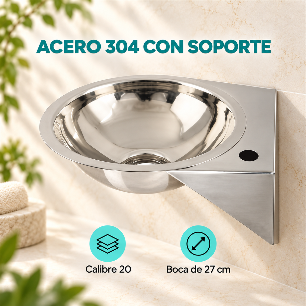 Detalle del lavamanos mini con soporte en acero 304 calibre 20