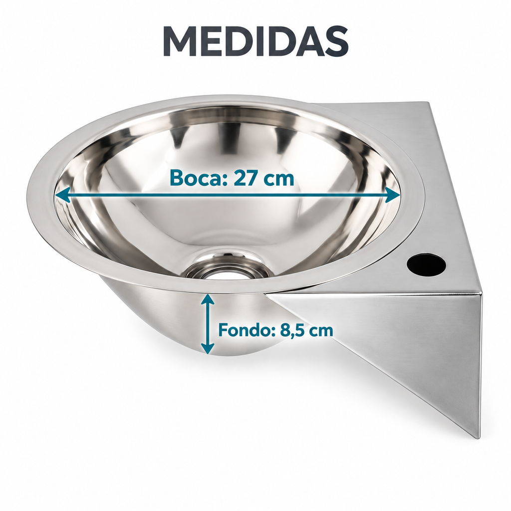 Medidas del lavamanos mini con soporte: boca de 27 cm y fondo de 8,5 cm