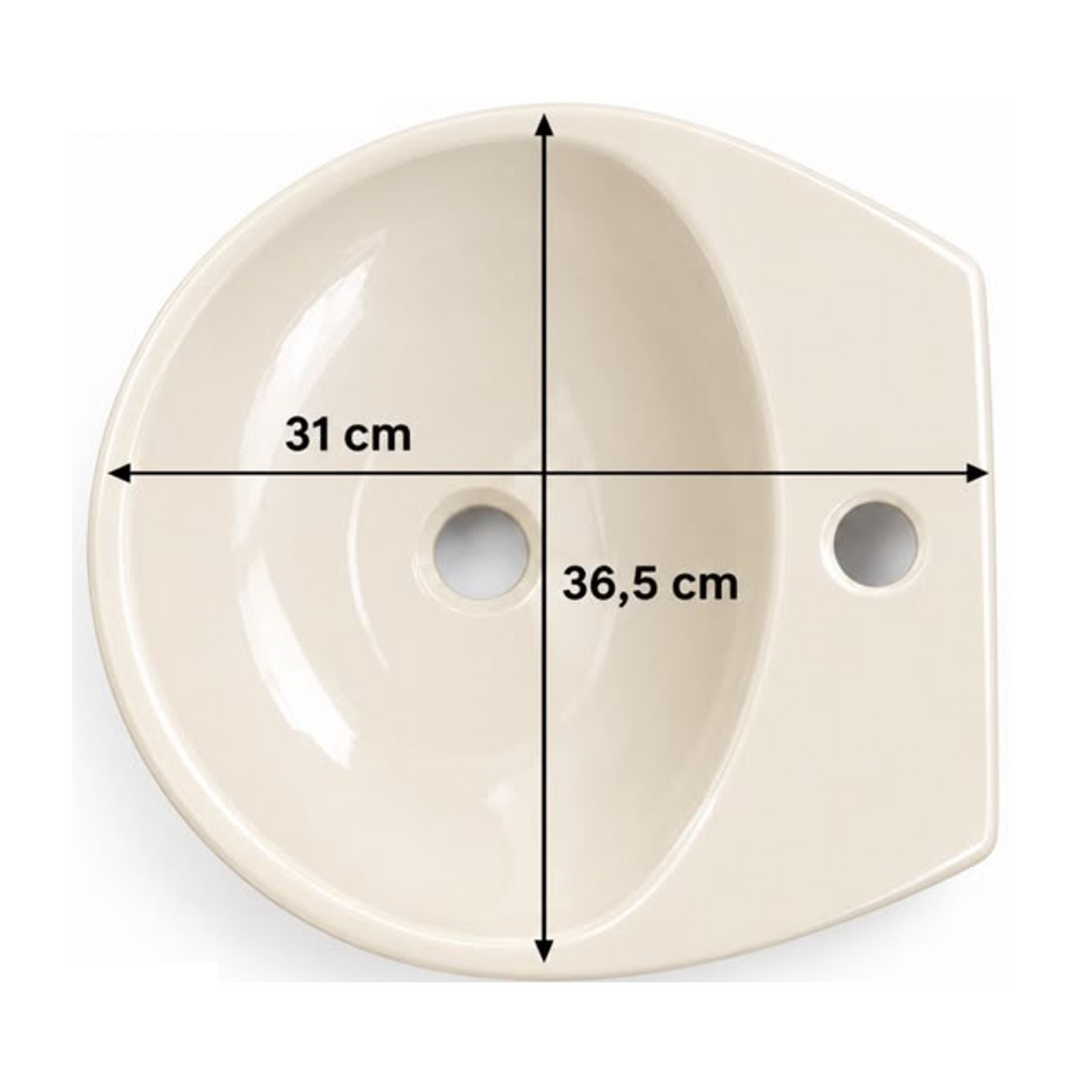 Vista superior del lavamanos ovalado beige: ancho 36,5 cm y profundidad 31 cm