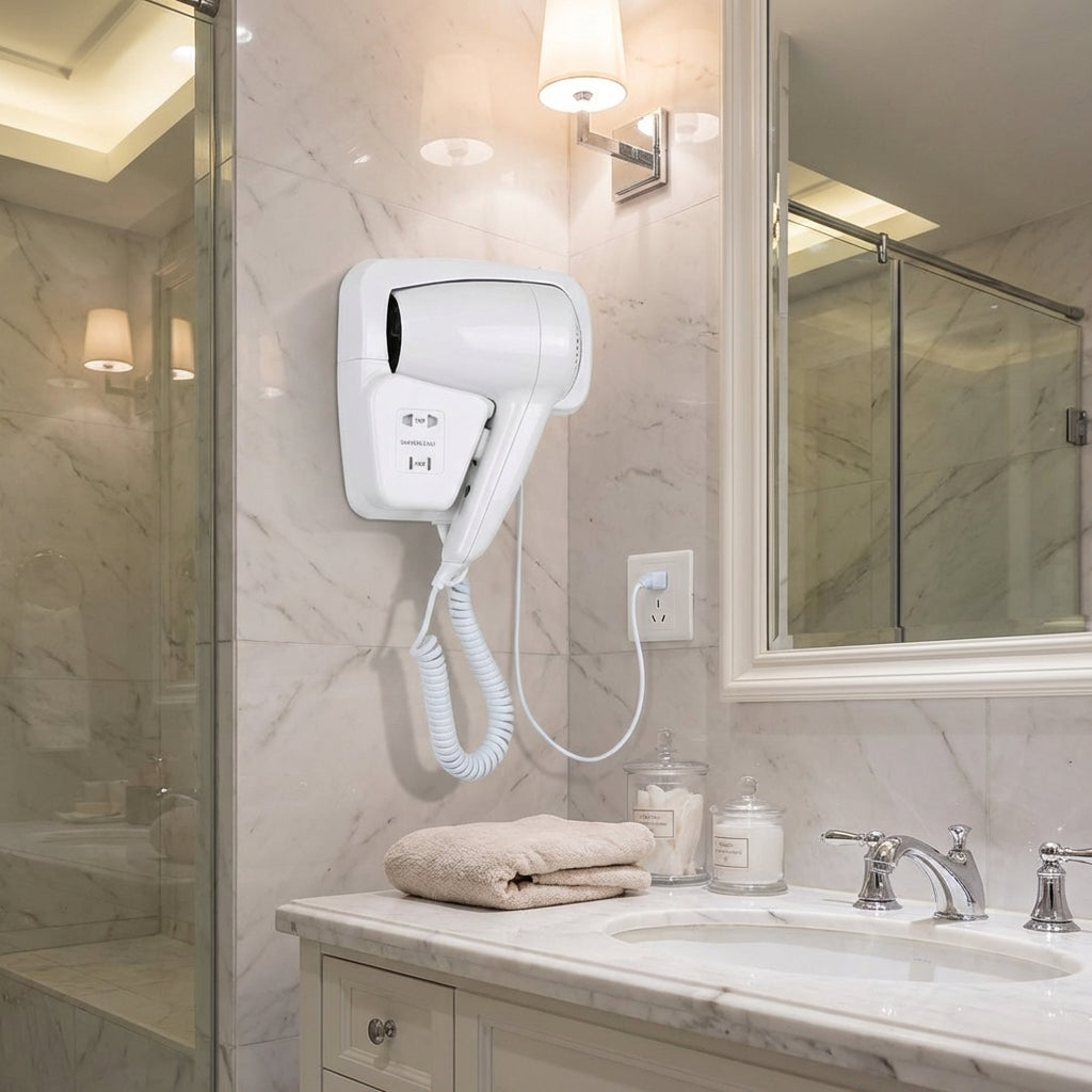 Full view of built-in hotel hairdryer installed above marble countertop in elegant contemporary bathroom setting.