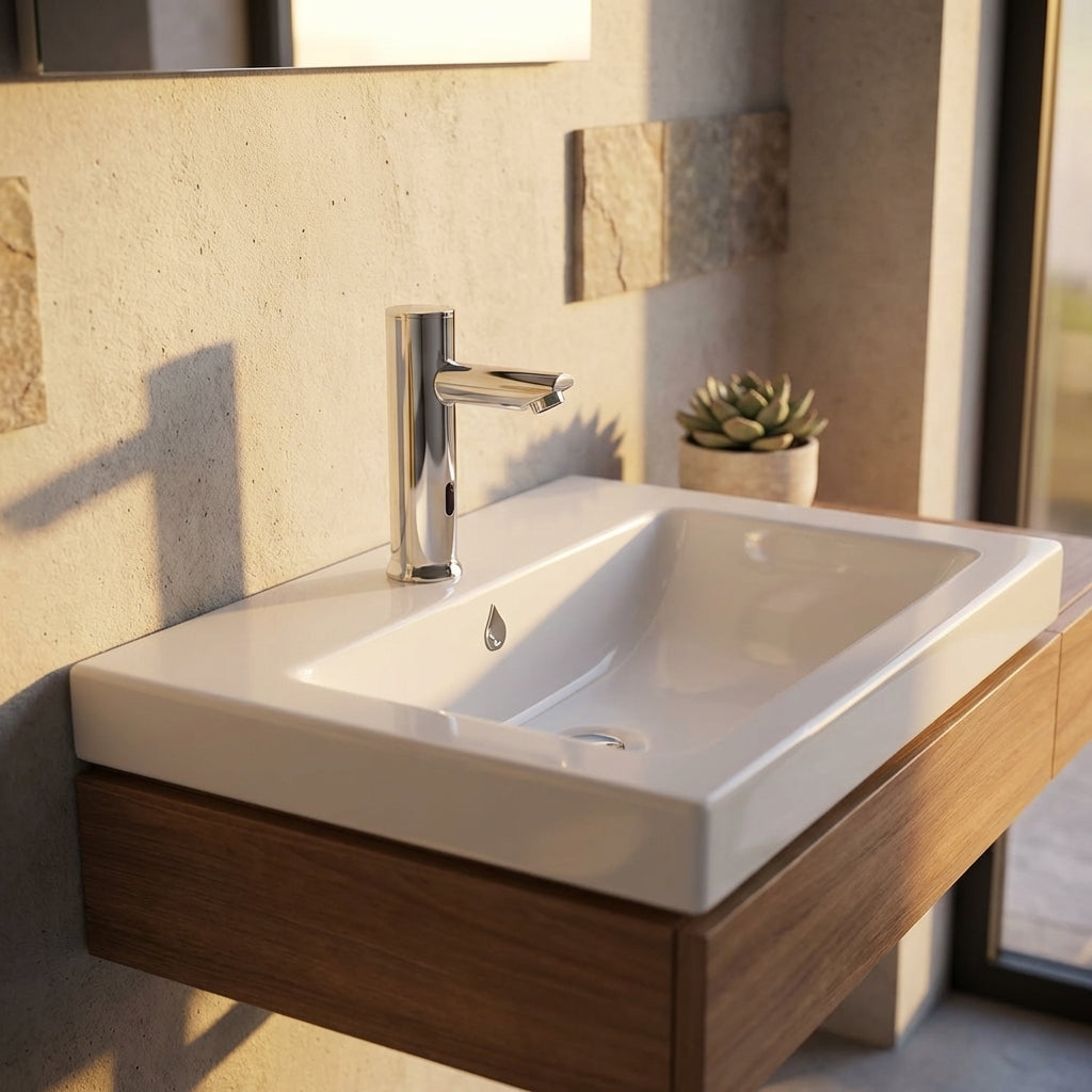 Styled full-body shot of a compact chrome sensor faucet installed on a minimalist bathroom sink, illuminated by warm natural light.