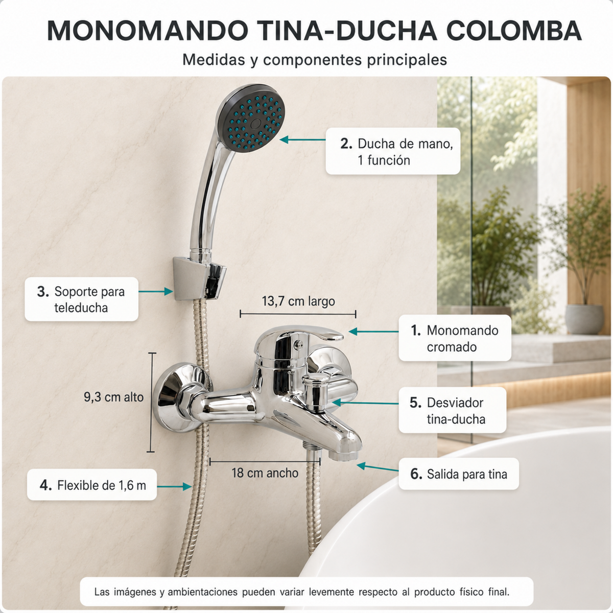 Grifería Monocontrol para Tina y Ducha Colomba Cromada - imagen 5