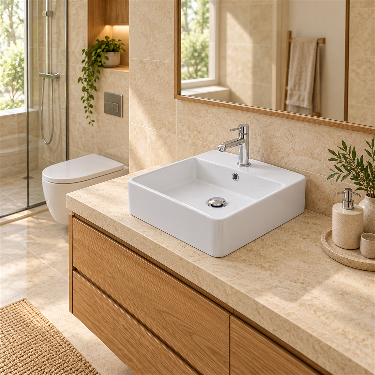 Lavamanos Logik Blanco Con Rebose 38 × 38 cm — ambientación de baño
