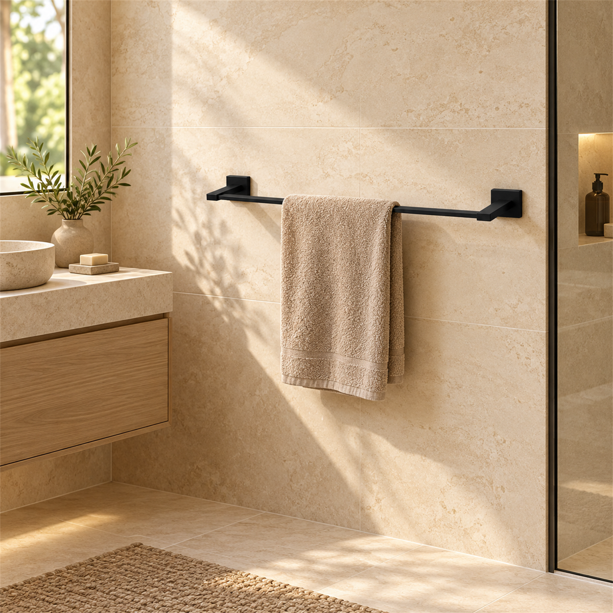 Toallero Barra Perla Negro En Aluminio — ambientación de baño
