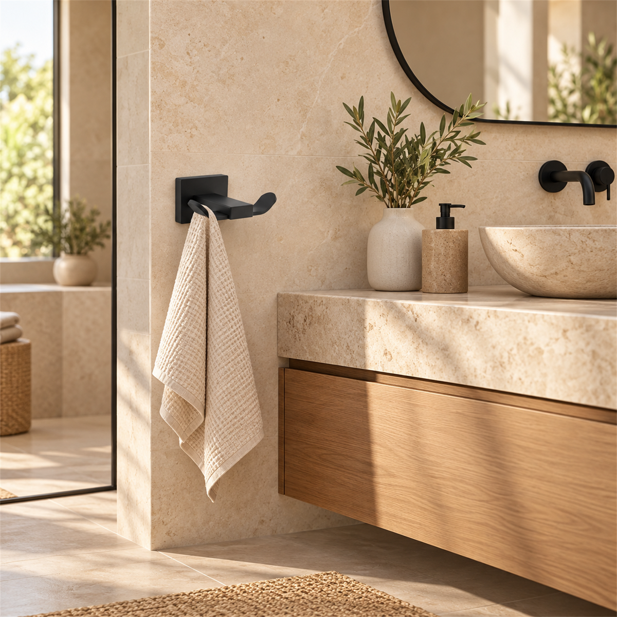 Perchero Doble Perla Negro En Aluminio — ambientación de baño