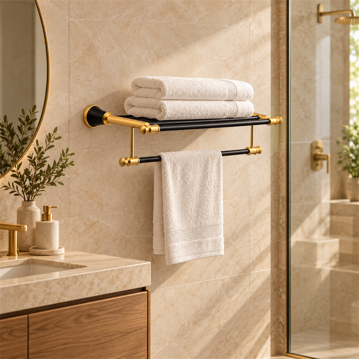 Toallero Hotelero Diamante Negro Y Dorado — ambientación de baño