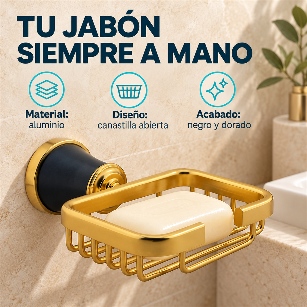 Jabonera Canastilla Diamante Negra Y Dorada En Aluminio — características