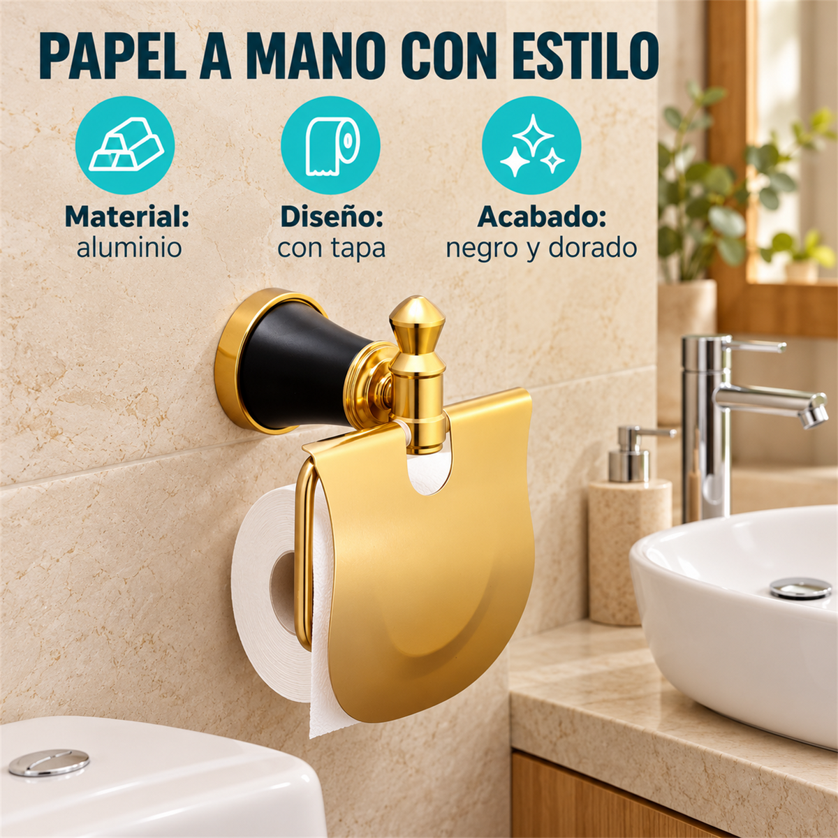 Portarrollos Diamante Negro Y Dorado En Aluminio — características