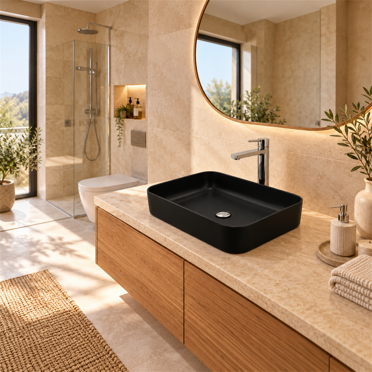 Lavamanos Malibú Negro Mate 50 × 39 cm — ambientación de baño