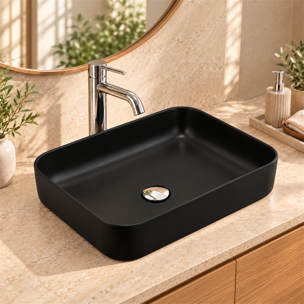 Lavamanos Malibú Negro Mate 50 × 39 cm — detalle instalado