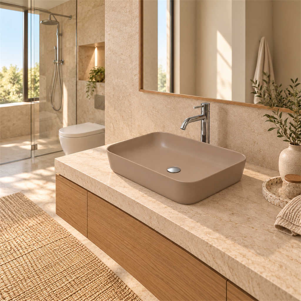 Lavamanos Malibú Capuccino 50 × 39 cm — ambientación de baño