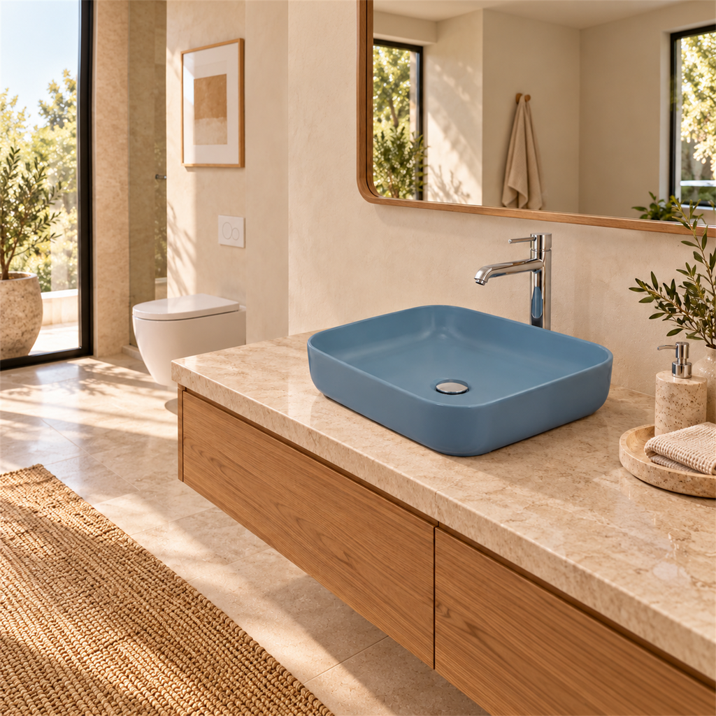 Lavamanos Malibú Azul Cielo 50 × 39 cm — ambientación de baño