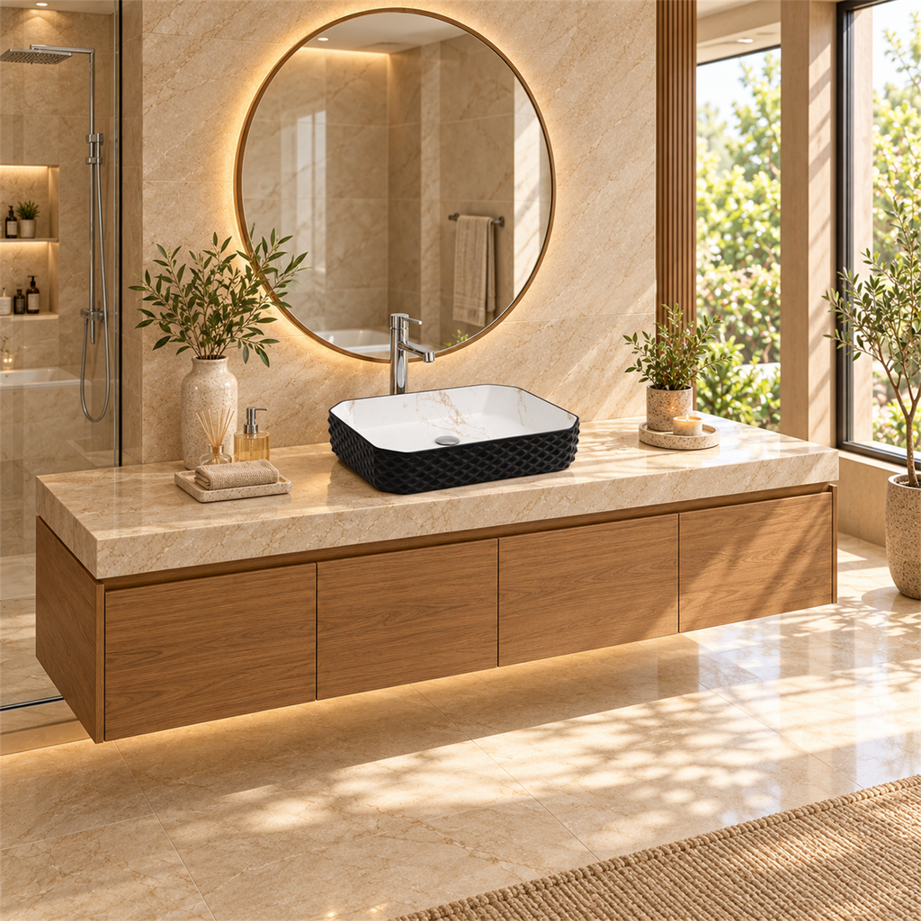 Lavamanos Stella Negro Con Interior Calacata 50 × 37 cm — ambientación amplia de baño