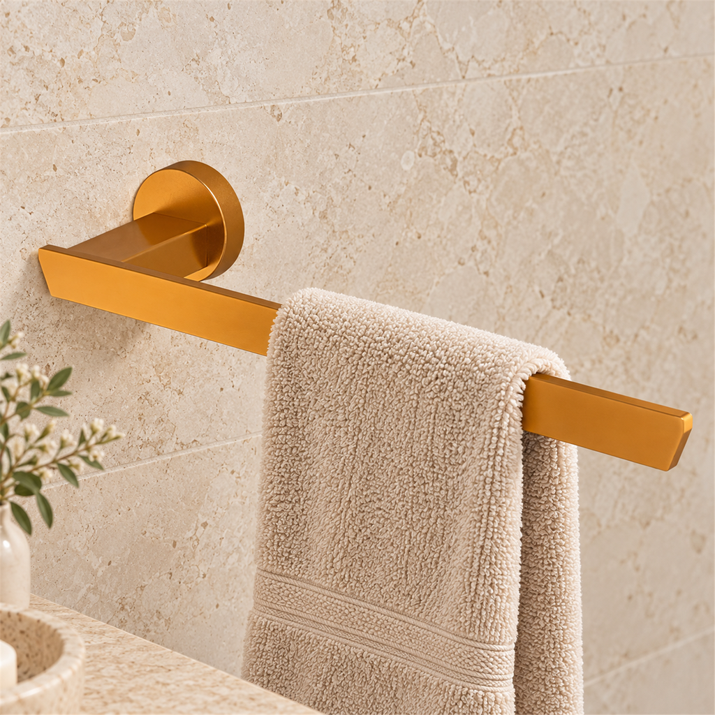 Toallero Amatista Dorado En Aluminio — detalle instalado