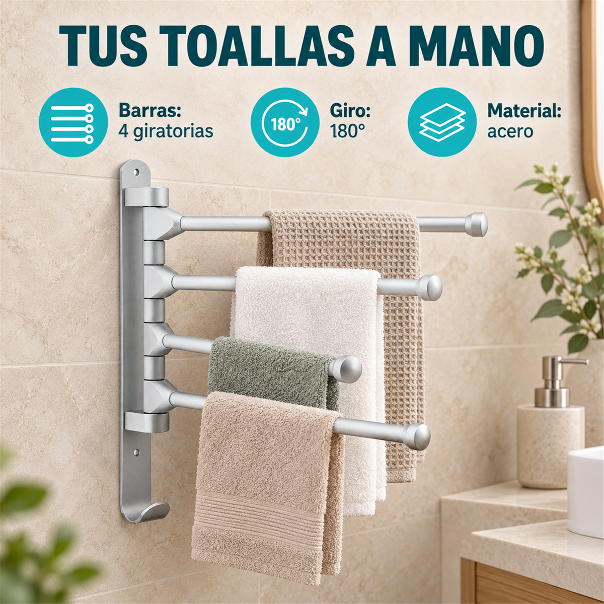 Toallero Giratorio De 4 Barras Silver 180° - Características verificadas