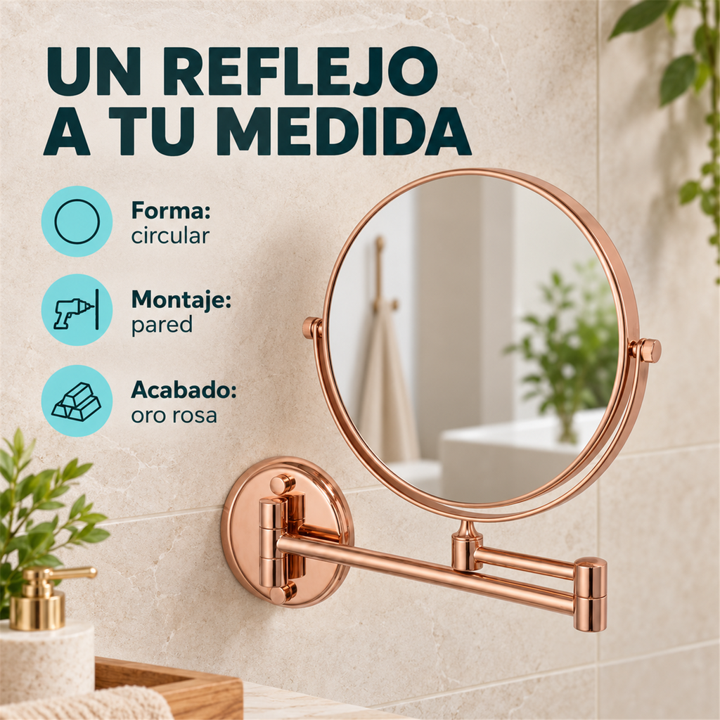 Espejo Circular Articulado Oro Rosa - Características verificadas