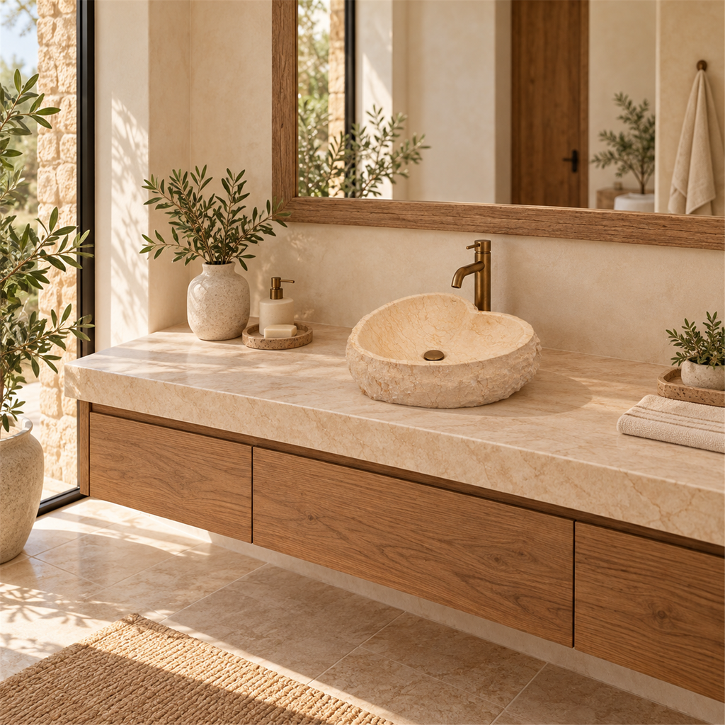 Lavamanos En Piedra Natural Corazón Beige - Ambientación amplia con escala natural