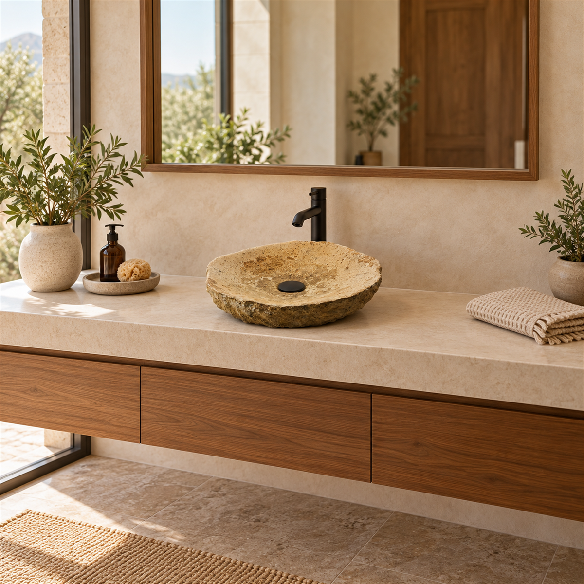 Lavamanos En Piedra Natural Beige - Ambientación amplia con escala natural