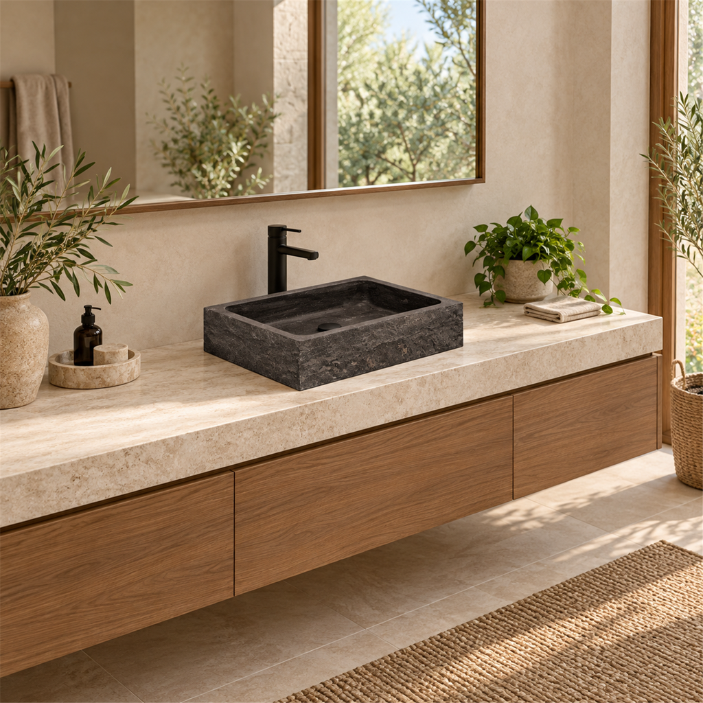 Lavamanos En Piedra Natural Rectangular Gris - Ambientación amplia con escala natural