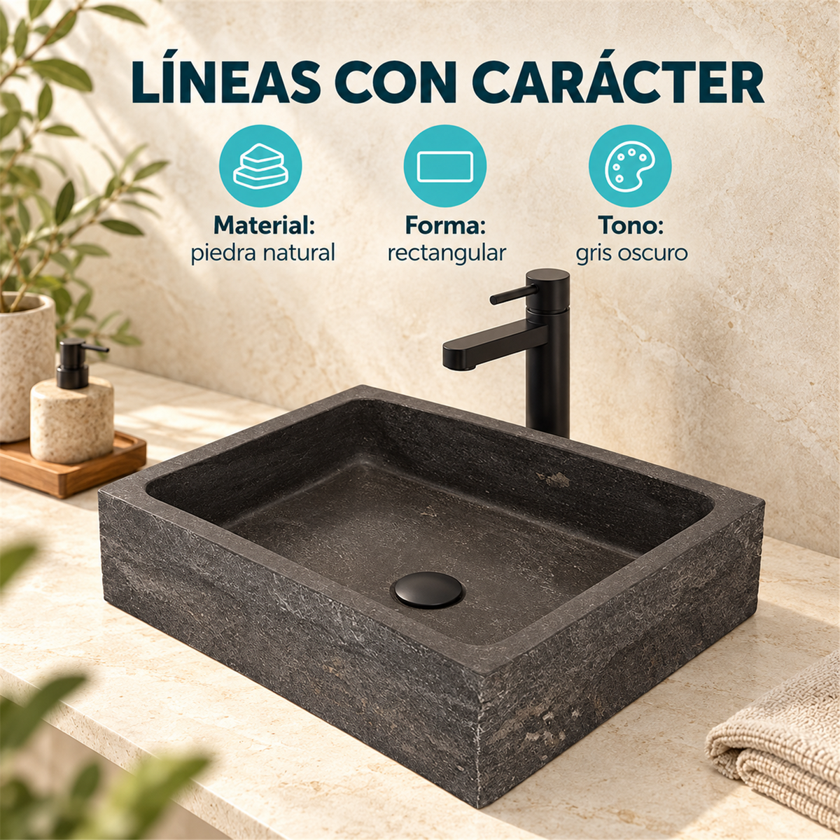 Lavamanos En Piedra Natural Rectangular Gris - Características verificadas