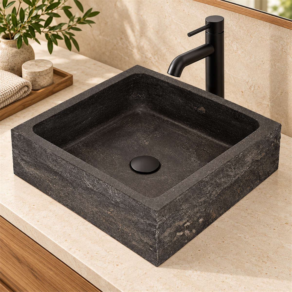 Lavamanos En Piedra Natural Rectangular Gris - Vista cercana del producto