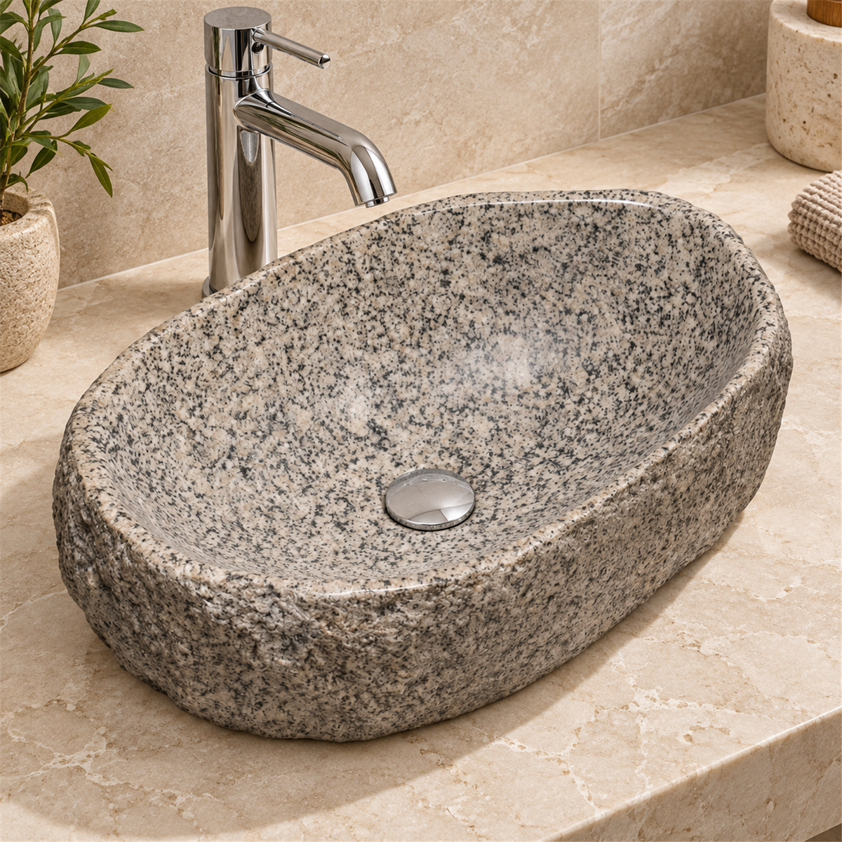 Lavamanos En Piedra Natural Ovalado Gris - Vista cercana del producto