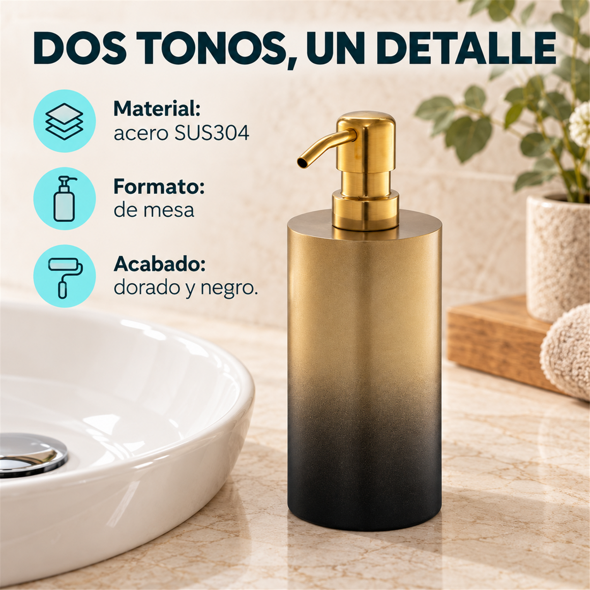 Dispensador De Jabón De Mesa Dorado Y Negro En Acero 304 - Características verificadas