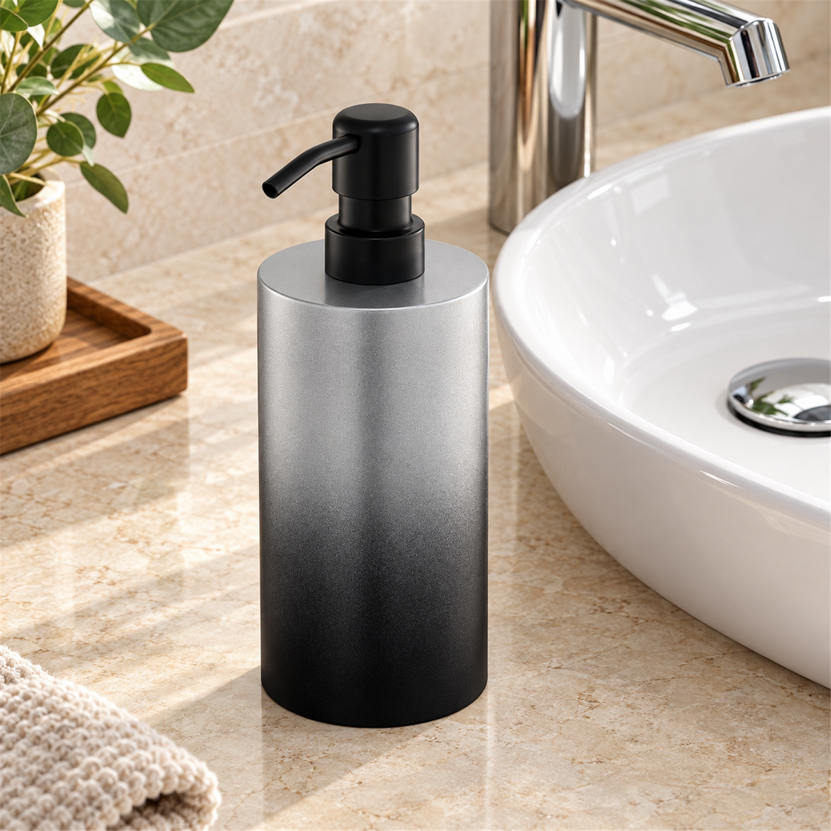 Dispensador De Jabón De Mesa Plateado Y Negro En Acero 304 - Vista cercana del producto