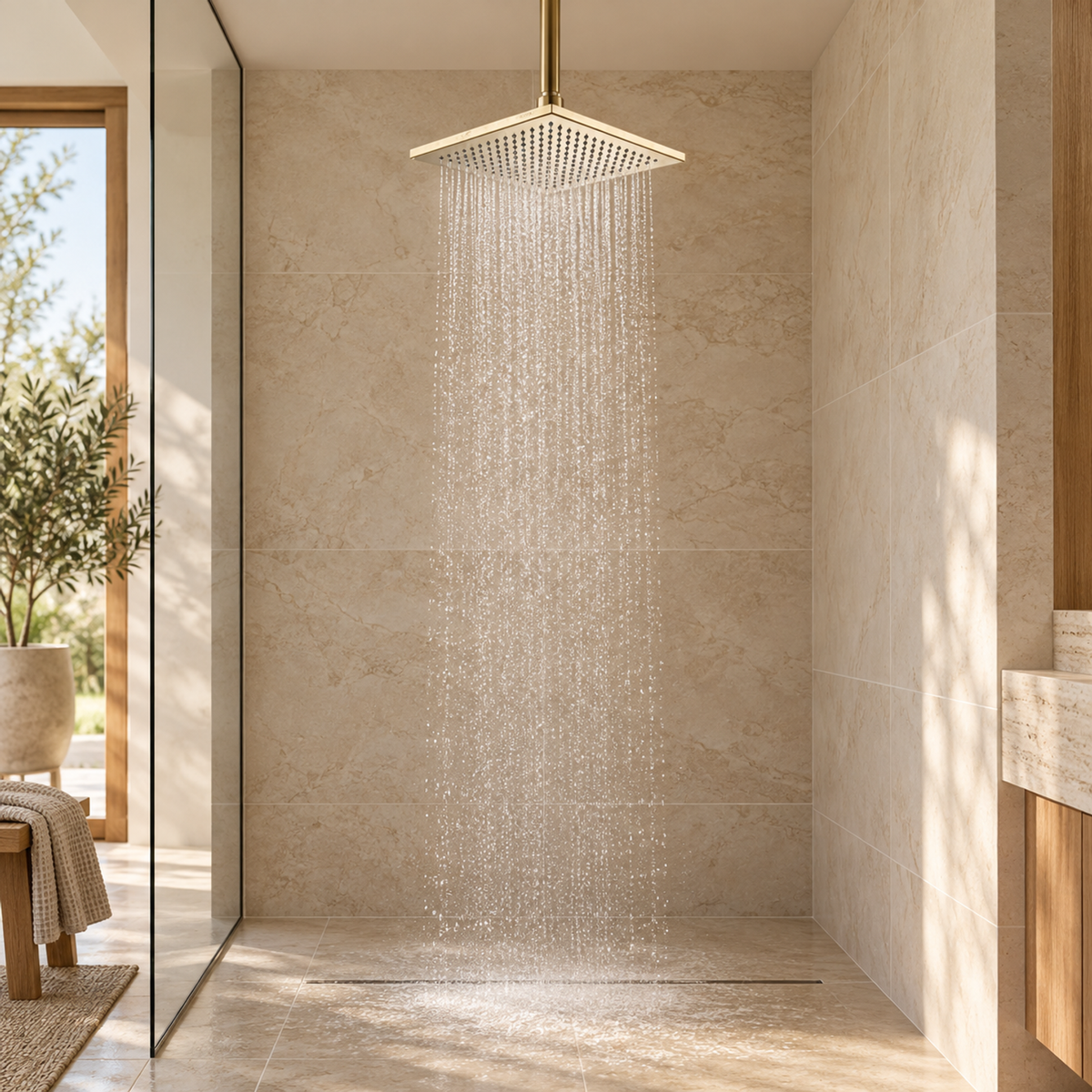 Regadera Cuadrada Metálica Dorada de 8 Pulgadas en una instalación de baño a escala real