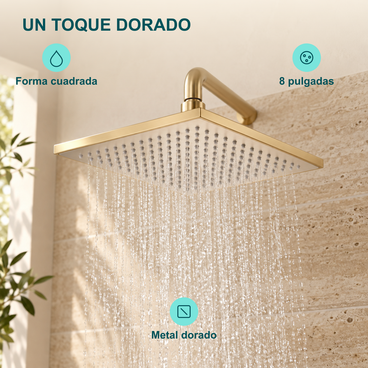 Regadera Cuadrada Metálica Dorada de 8 Pulgadas: Forma cuadrada, Metal dorado, 8 pulgadas