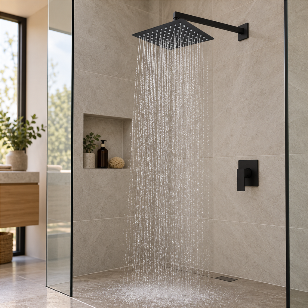 Regadera cuadrada Valqua negra mate ambientada en ducha residencial