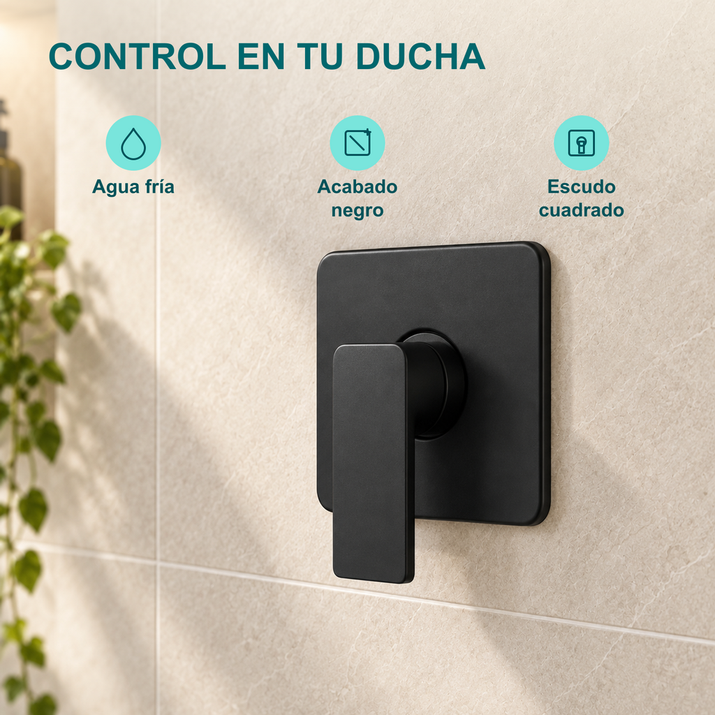 Registro de ducha negro armado para agua fría, acabado negro y escudo cuadrado