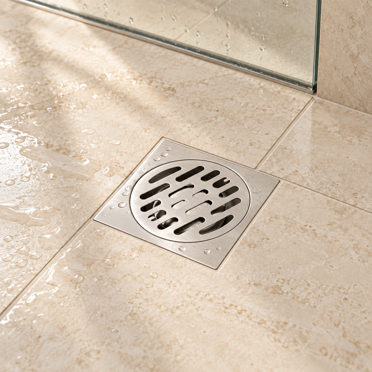 Rejilla de piso de acero inoxidable instalada al ras del piso con tapa circular cerrada