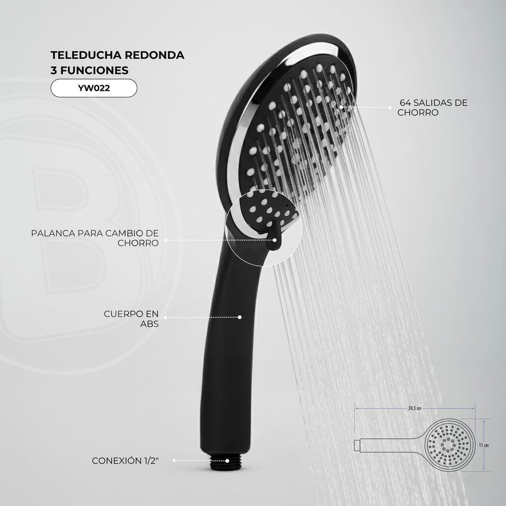 Teleducha redonda de tres funciones en ABS negro y cromo vista original 2