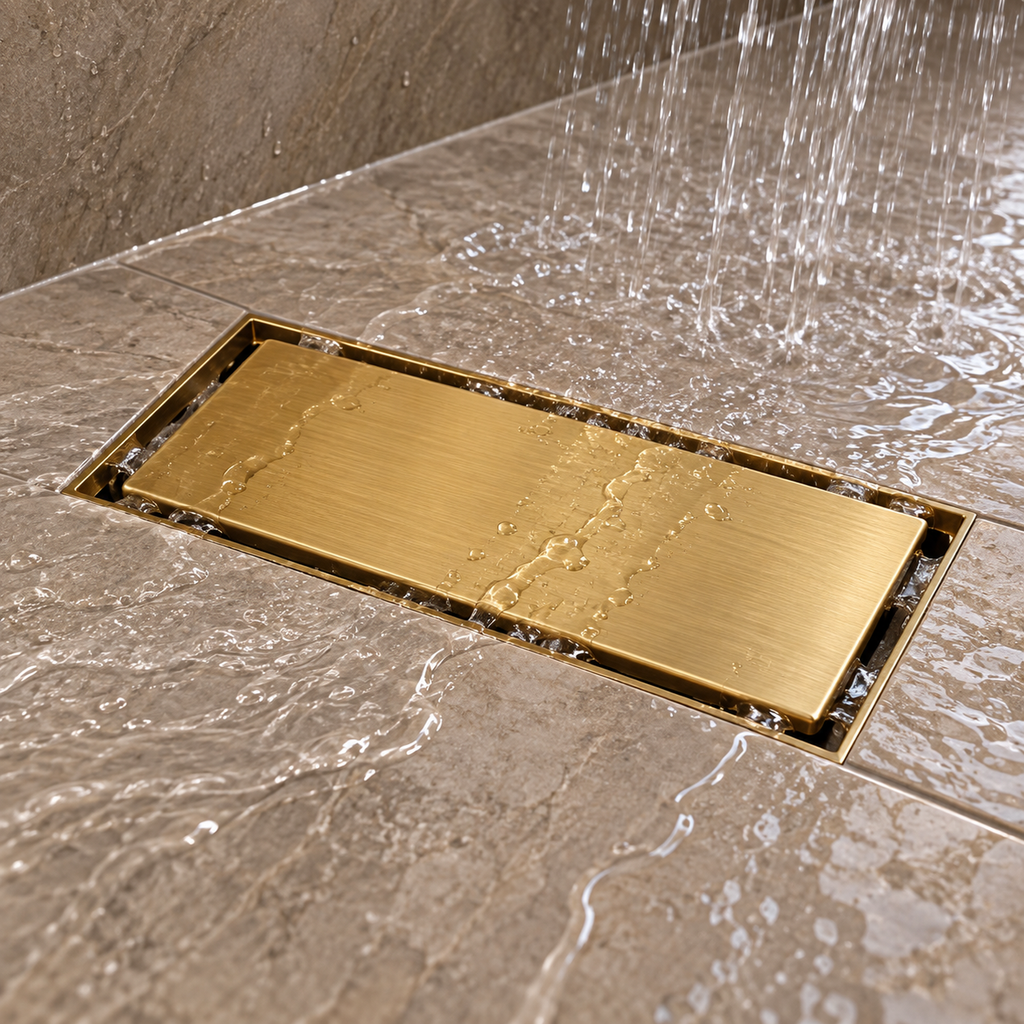 Rejilla Lineal Invisible Oro Cepillado Para Piso 20 X 10 Cm instalada y funcionando