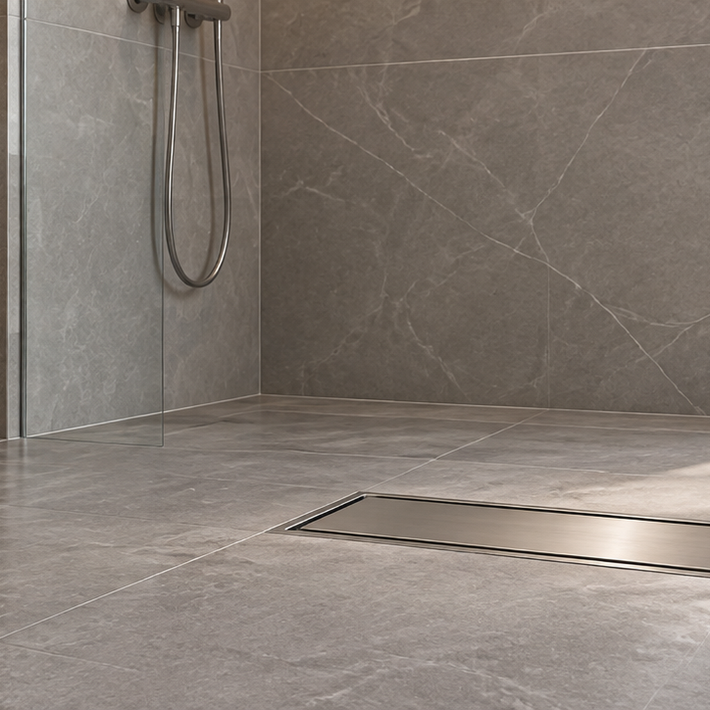 Rejilla Lineal Invisible Satinada En Acero Inoxidable Para Piso 30 X 10 Cm en ambiente de baño